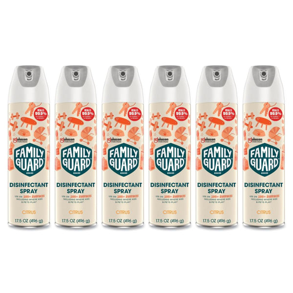 Six cans of Family Guard Disinfectant Cleaner Citrus Scent 17.5oz are arranged in a row. Each spray by Family Guard features an orange and white design and kills 99.9% of germs while deodorizing and disinfecting your space.